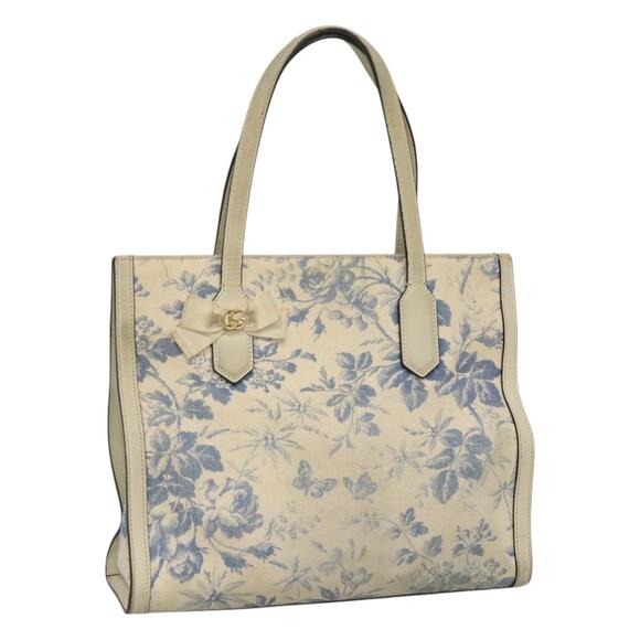 GUCCI Tote Bag Canvas Leather White Blue - Picture 1 of 16